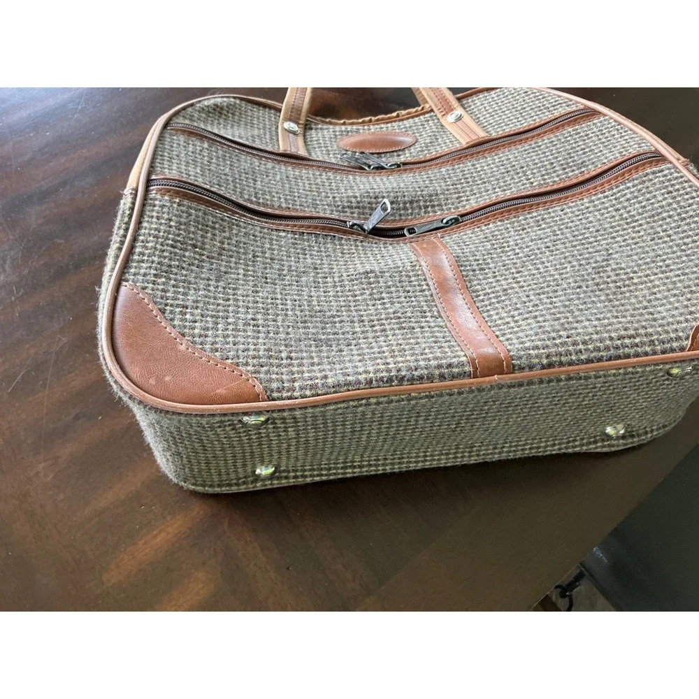 Vintage Travel Bag Tweed Carry On Luggage Brown Tan Weekend Duffel Bag
